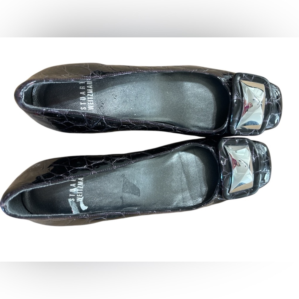 Stuart Weitzman Women’s Croc Embossed Black Leather Block Heel Pump Buckle Sz 8